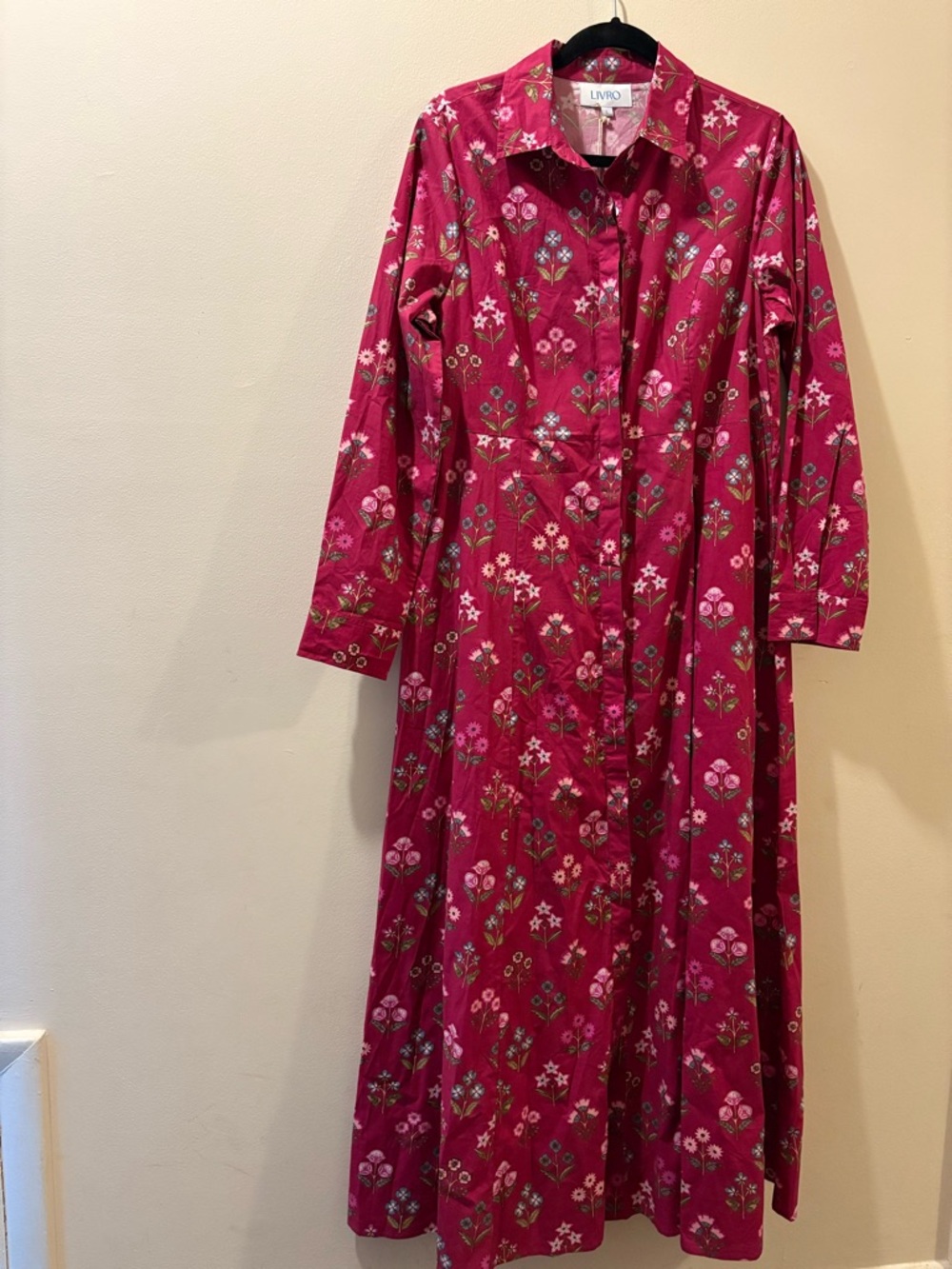 Livro Floral Button-Front Maxi Classic Shirt Dress - burgundy floral - L - NWT